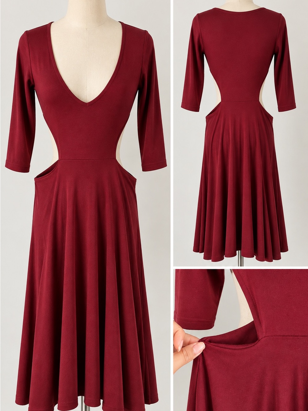 Boohoo Burgundy Deep V Cutout Midi Dress